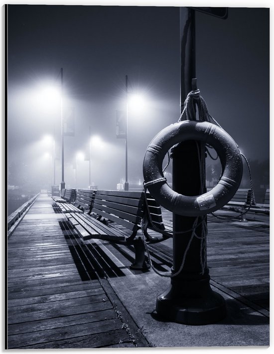 Dibond - Reddingsboei met Bankjes in het Zwart Wit - 30x40 cm Foto op Aluminium (Met Ophangsysteem)