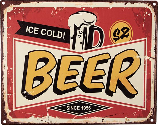 Clayre & Eef Tekstbord 25x20 cm Rood Geel Ijzer Ice cold Beer Wandbord
