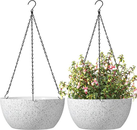 Set de 2 pots de fleurs en plastique suspendus diamètre 30 cm blanc  moucheté pots de