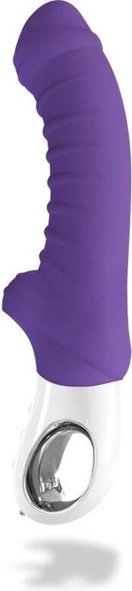 Paarse, gebogen vibrator met geribbelde textuur, witte handgreep met een opening en knoppen, zwevend.