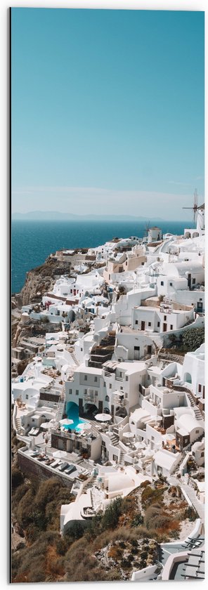 Dibond - Witte Huisjes met Uitzicht op Zee - Santorini - 30x90 cm Foto op Aluminium (Wanddecoratie van metaal)