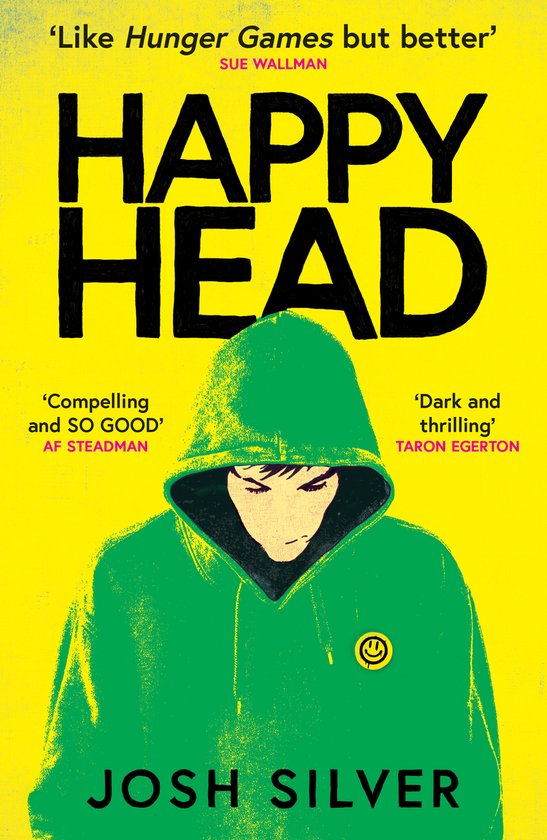 Couverture du livre "Happy Head" de Josh Silver, fond jaune vif, une personne porte une capuche verte, tête baissée.
