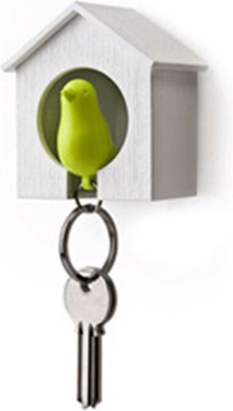 Vogelhuisje sleutelhanger - Wit huisje met Groene vogel