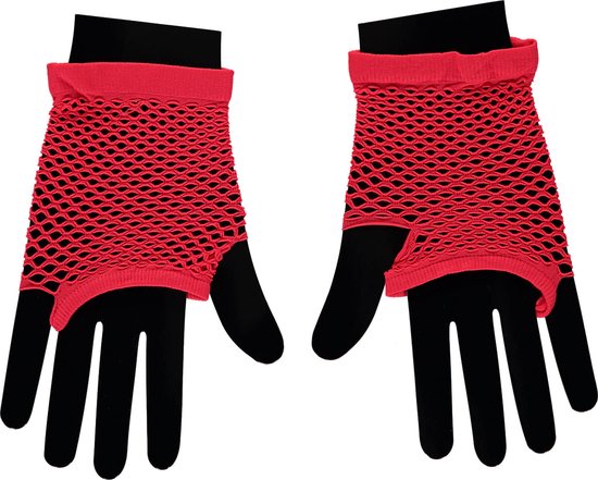 Apollo - Visnet handschoenen - Korte handschoenen - Rood - One Size - Kanten handschoenen - Neon verkleedkleding - Feestkleding - Carnaval