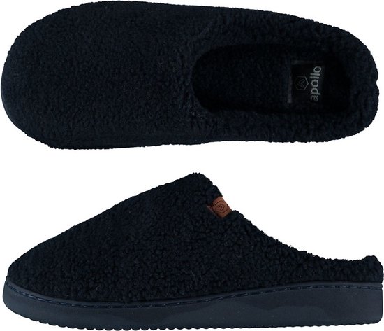 Gezicht op de bovenkant en zijkant van een donkerblauwe teddy pantoffel van Apollo.