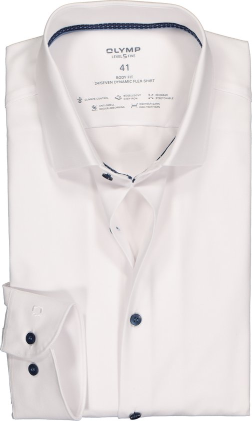 OLYMP 24/7 Level 5 body fit overhemd - mouwlengte 7 - twill - wit (contrast) - Strijkvriendelijk - Boordmaat: 42