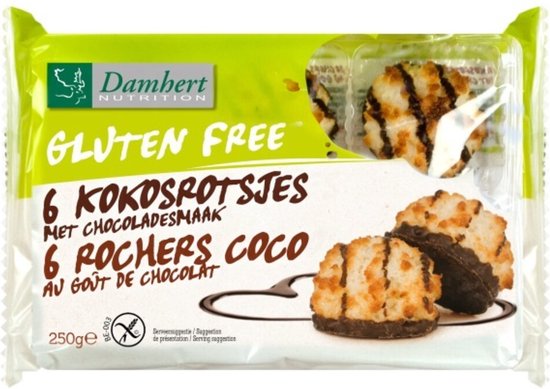 Glutenvrije kokosrotsjes met chocoladesmaak, 6 stuks op een verpakking. Geïllustreerd met gesmolten chocolade.
