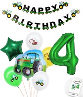 Cijfer ballon 4 jaar Trekker - Tractor Plus Pakket Inclusief Happy Birthday Slinger - Boer - Boerderij - Themafeest Ballonnenpakket - Groen - Helium Ballon - Snoes