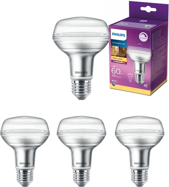 Philips LED Reflectorlampen E27 - R80 - Dimbaar warm wit licht - 4W (60W) -  4PACK | bol.com