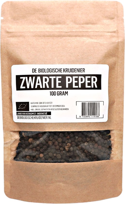 De Biologische Kruidenier Zwarte Peperkorrels - 100gr - Biologisch - korrels - hervulling - black pepper