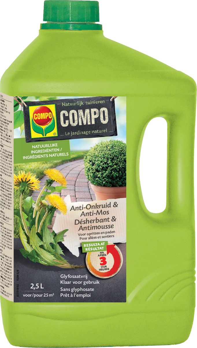COMPO Anti-Onkruid & Anti-Mos Klaar-voor-gebruik Opritten & Paden - eerste resultaten binnen 3 uur - bidon 2,5 L (25 m²)
