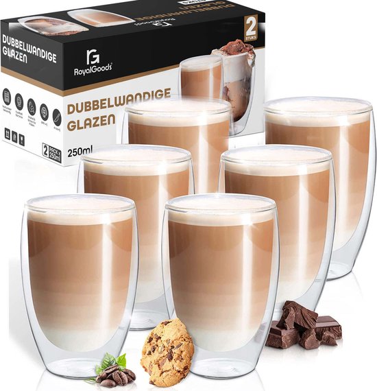 RoyalGoods® Dubbelwandige Glazen – Koffieglazen - Theeglazen – 250ML – 6 Stuks – Cappuccino Glazen - Latte Macchiato Glazen