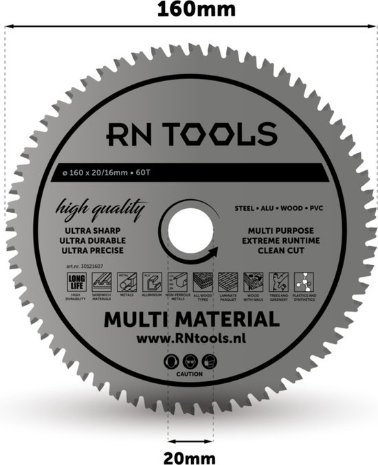 RN Tools cirkelzaagblad, 160 mm diameter, 60 tanden. Voor metaal, aluminium, hout, PVC.