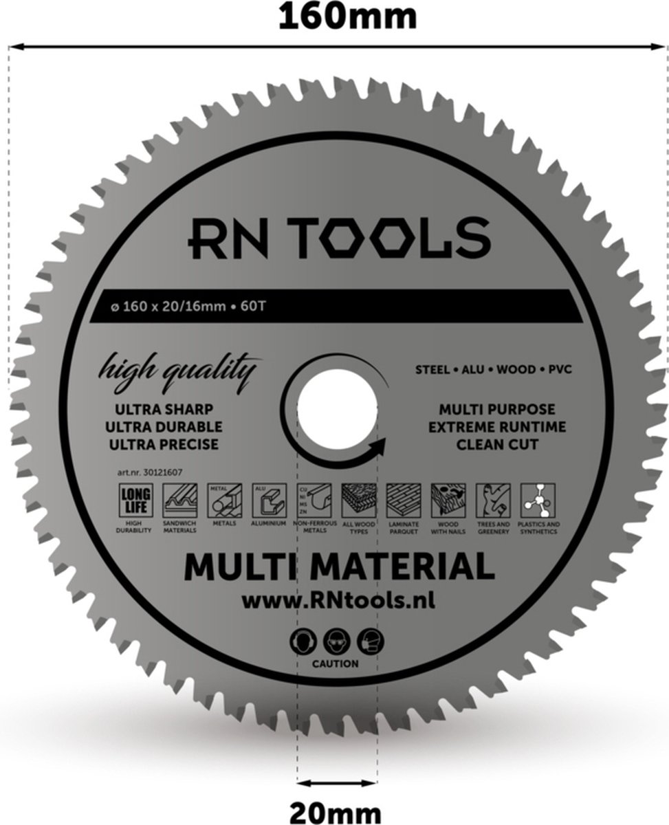 RNtools Cirkelzaagblad 160 x 20 mm - 60 tanden - voor Hout, Hardhout, Laminaat, MDF, Multiplex
