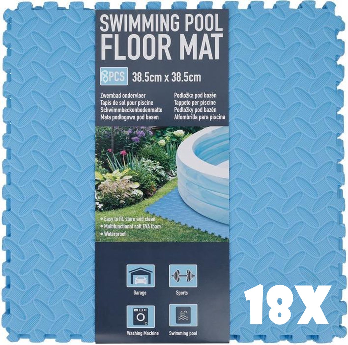 18x stuks Zwembad Tegels - Ondervloer Blauw - Foam tegels - Grip mat - Ondergrond - Bodem bescherming - Puzzelmat voor zwembad - 38,5 x 38,5 x 0,8 cm