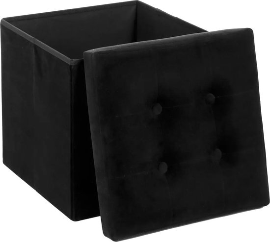 Zwart fluwelen opbergkrukje met een openklapbaar deksel met knopen.