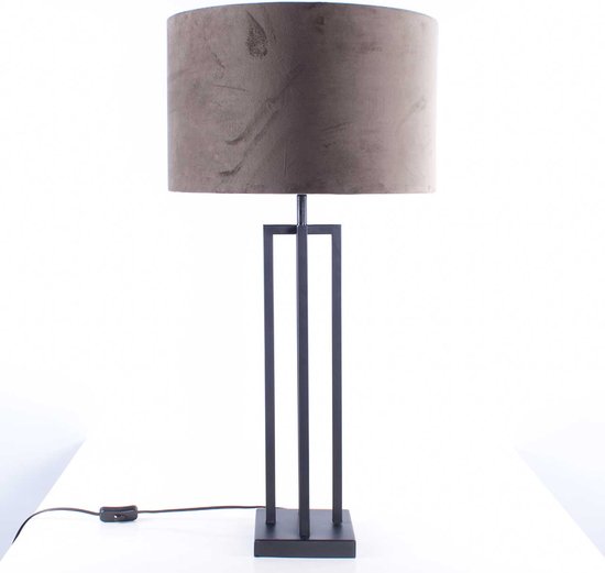 Tafellamp vierkant met velours kap Roma | 1 lichts | taupe / bruin / zwart | metaal / stof | Ø 40 cm | 79 cm hoog | tafellamp | modern / sfeervol / klassiek design