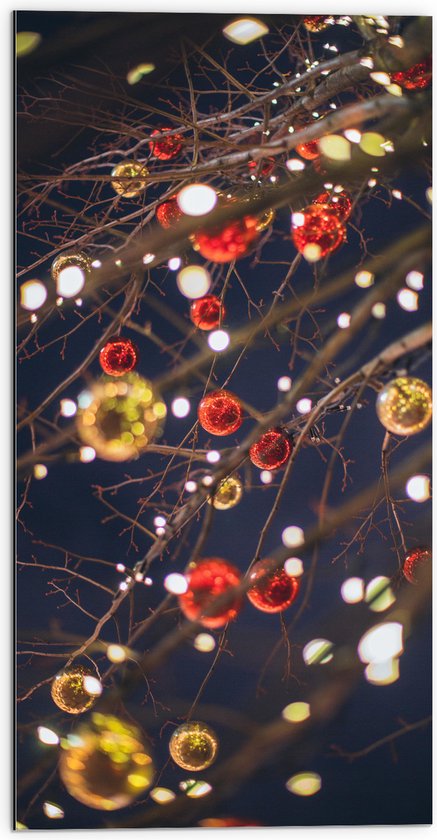 Dibond - Lampjes en Kerstballen in de Boom - 50x100 cm Foto op Aluminium (Wanddecoratie van metaal)