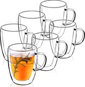 Dubbelwandige glazen mok, glas met handvat, 270 ml, drinkglas voor sap, thee, koffie, drink, water, ijsthee, cappuccino, universeel glas, theeglas, hoogwaardige kwaliteit (6)