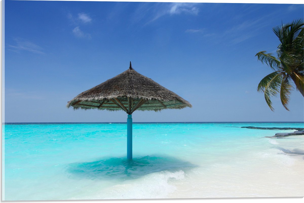 Acrylglas - Rieten Parasol op het Strand bij het Blauwe Water - 60x40 cm Foto op Acrylglas