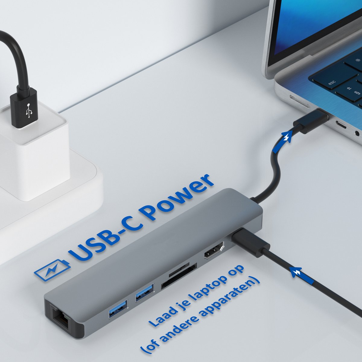 USB-C Hub 8-in-1 Rolio – HDMI 4K@60Hz, Ethernet 1Gbps, USB-C Opladen 100W, SD/TF Kaartlezer, USB 3.0 Splitter - Afbeelding 5