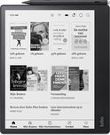 Kobo Elipsa e-reader met boekenplank en boekcovers. Een Kobo Stylus 2 pen is erop geplaatst.