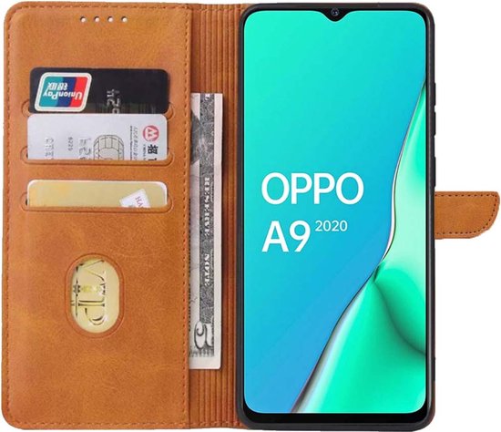 Geschikt voor Oppo A9 2020 Telefoonhoesje Kunstleer met Magnetisch lipje en Pasjeshouder Book Case met Klepje - Bruin - Smartphonica geschikt voor OPPO A9 (2020)