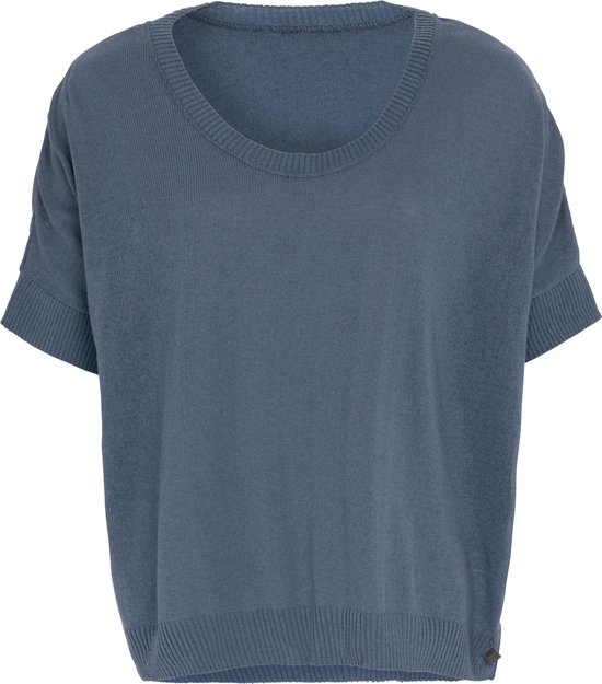 Knit Factory Senna Gebreide Dames Top - Trui met korte mouwen - Gebreide t-shirt - T-shirt - Shirt Gemaakt van 50% gerecyceld katoen - Ronde hals - Jeans - Donkerblauw - 36/44
