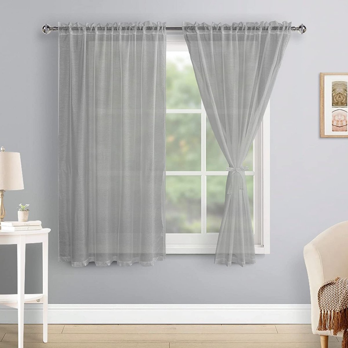 Woaboy transparante raamgordijnen, vitrage met plooiband, moderne decoratieve gordijnen voor slaapkamer, woonkamer, huis, set van 2, 140x215cm, beige