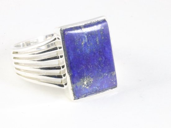 Opengewerkte rechthoekige zilveren ring met lapis lazuli - maat 19.5