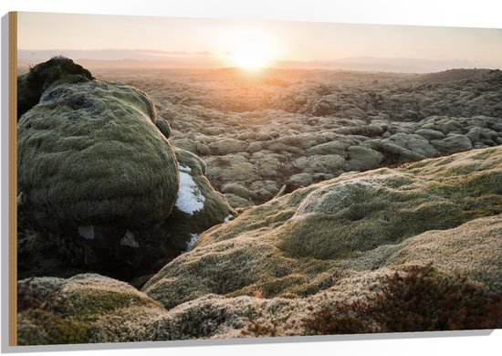 Hout - Mossige Rotsen met Ondergaande Zon - 120x80 cm - 9 mm dik - Foto ...