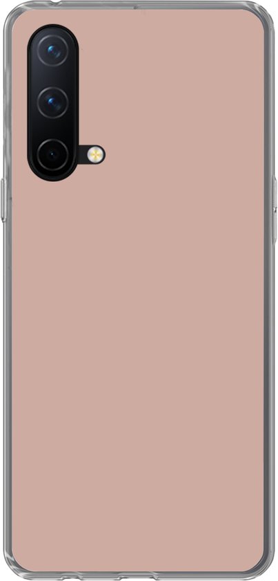 Coque de téléphone rose pâle avec bordure transparente, découpe verticale pour objectif de caméra.