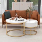 Moderne ronde salontafel set van 2 - PU hoogglans marmeren print salontafel met lade voor woonkamer balkon kantoor - goud stevig metalen frame - eenvoudige montage - afmeting 70 cm en 50 cm - wit