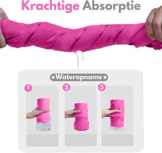 Demonstratie van krachtige absorptie van de roze VAIVE handdoek. Drie stappen tonen wateropname.