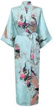 KIMU® Kimono Lichtblauw 3/4 - Maat XL-XXL - Yukata Satijn Onder de Knie - Driekwarts Lichtblauwe Ochtendjas Japanse Kamerjas Sexy Satijnen Badjas Vest Festival