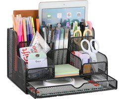 Bureau-organizer, opbergrek van ijzer met 8 vakken, mesh-desktoporganizer, kantoorpennenhouder voor pennen, nietmachine, mapclips, plakbriefjes - zwart
