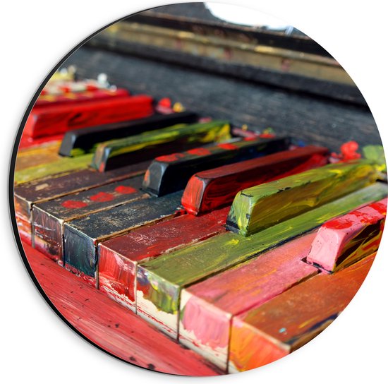 Dibond Muurcirkel - Pianotoetsen onder de Gekleurde Verf - 20x20 cm Foto op Aluminium Muurcirkel (met ophangsysteem)