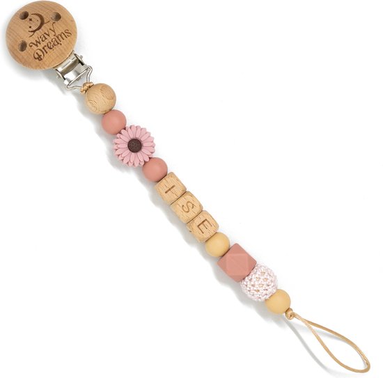 Wavy Dreams - Combiset Speenkoord & Sleutelhanger / Luiertashanger - Speenkoord met naam - Meisje - Kraamcadeau - Roze Pastel - Speenketting met naam - Sleutelhanger met naam - Model Ise van Wavy Dreams — afbeelding 5