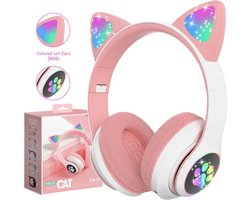 Kinder Hoofdtelefoon-Draadloze Koptelefoon-Kids Headset-Over Ear-Bluetooth-Microfoon-Katten Oortjes-Led Verlichting-Roze
