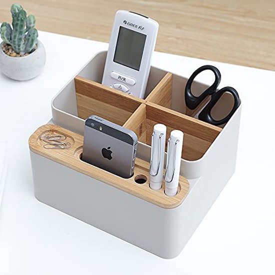 Pennenorganizer, bamboe, tafelorganizer, desktop, pennenhouder, 5 vakken met scheidingswanden, bureau-organizer, pennenhouder, bureau-organizer, houten bureauorganizer voor studie, kantoor, kinderen