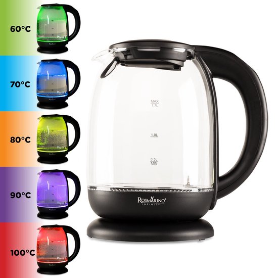 Rosmarino Infinity Waterkoker Led & Boil - 2200W - 1.7 liter - LED warmte indicatieverlichting - droogkookbeveiliging - zwart