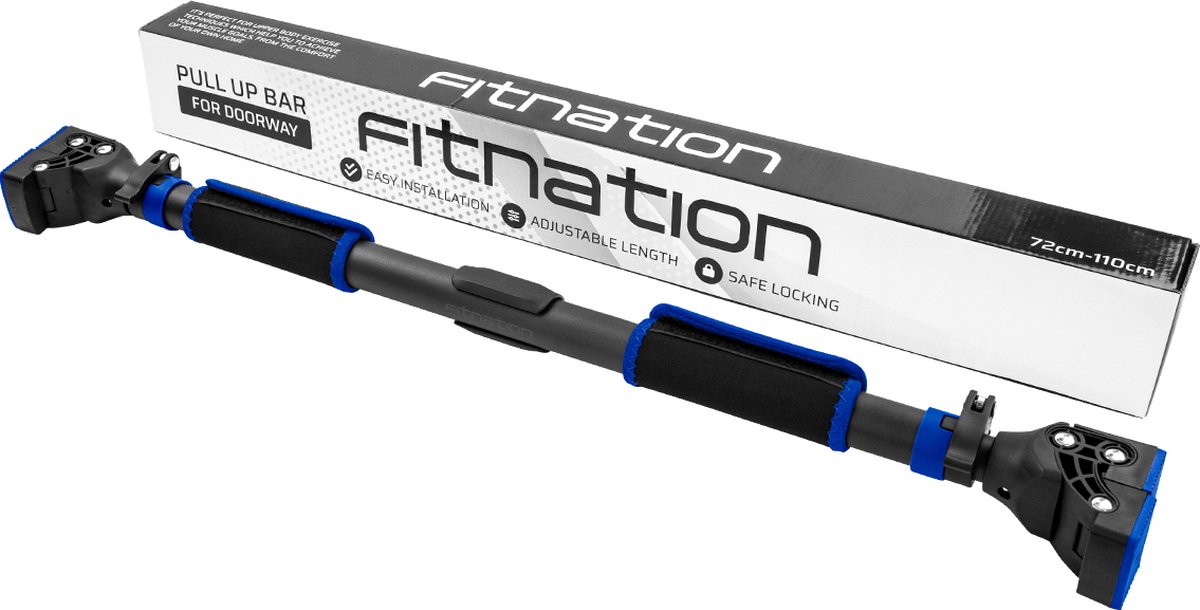 Fitnation Pull up Bar - Pull up Bar Station - Optrekstang - Met handleiding - Verstelbaar 72 cm tot 110 cm - Zwart/Blauw