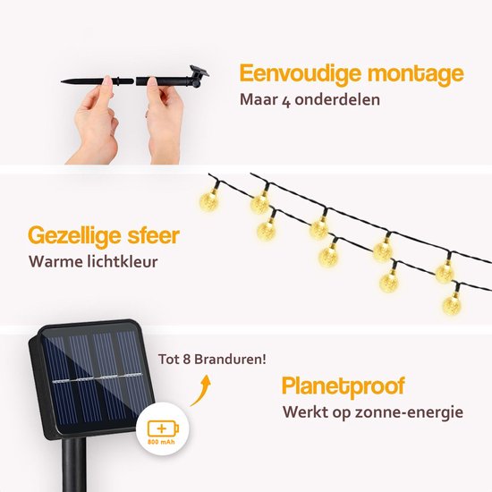 Montage zonnepaneel, lichtsnoer met warme, ronde lampjes, zonnepaneel met batterij-indicator.