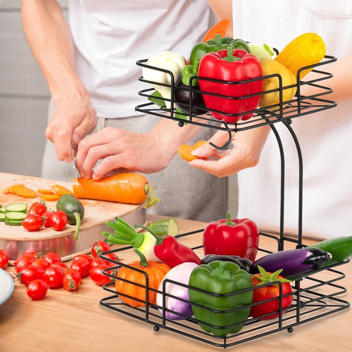 Auledio Corbeille à Fruits 2 Niveaux Avec Support Banane - Panier Métal Noir Cuisine