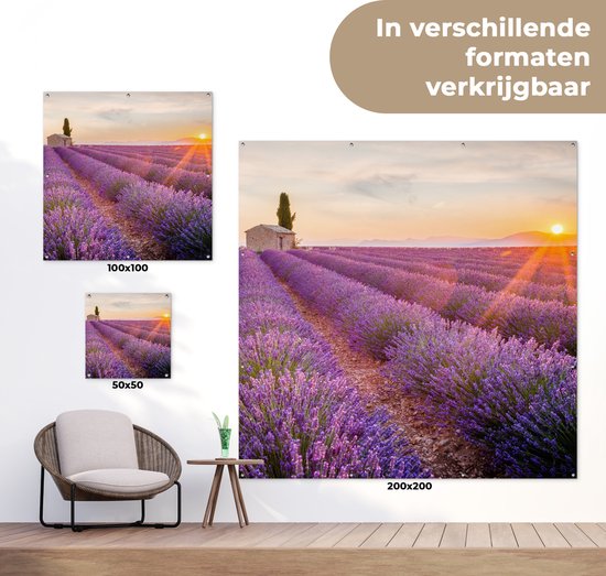 Affiche de jardin lavande - Coucher de soleil - Fleurs - Violet - Toile de jardin - Toile de clôture - Peinture jardin extérieur - Décoration clôture - 200x200 cm - Décoration de jardin - Jardin - Poster extérieur