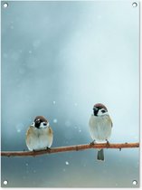 Tuinposter vogels - Mus - Dieren - Sneeuw - Natuur - Winter - Schutting decoratie - Tuin - Schuttingdoek - 60x80 cm - Tuindoek - Tuindecoratie - Tuinschilderij voor buiten - Buitenposter