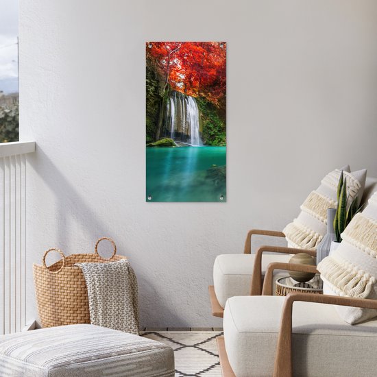Poster de jardin Cascade - arbre - Rouge - Automne - Water - 40x80 cm - Décoration murale Outdoor - Poster de jardin - Toile de jardin - Poster de clôture - Tableau de jardin