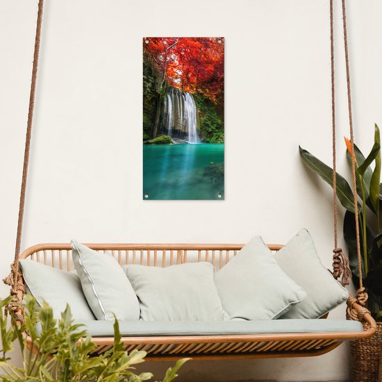 Poster de jardin Cascade - arbre - Rouge - Automne - Water - 40x80 cm - Décoration murale Outdoor - Poster de jardin - Toile de jardin - Poster de clôture - Tableau de jardin