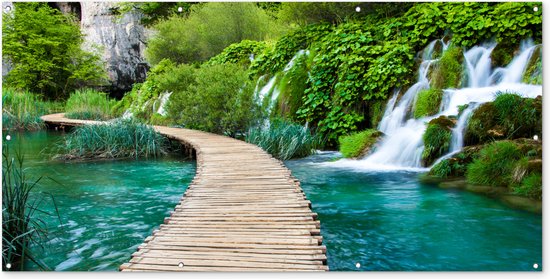 Foto: Tuinposter tuinschilderij voor buiten schuttingdoek tuin brug water planten waterval groen schutting decoratie tuinposters tuindecoratie schuttingposter 200x100 cm tuindoek buitenposter