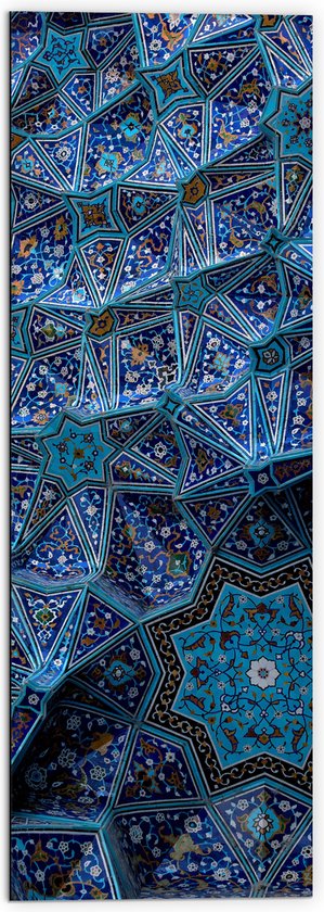 Dibond - Blauw Bloemenpatroon op Tegels in Plafond - 50x150 cm Foto op Aluminium (Wanddecoratie van metaal)